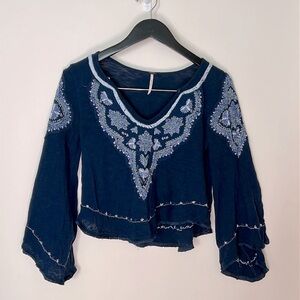 Free‎ People Boho Navy Embroidered Crop Top Flowy Feminine Bohemian